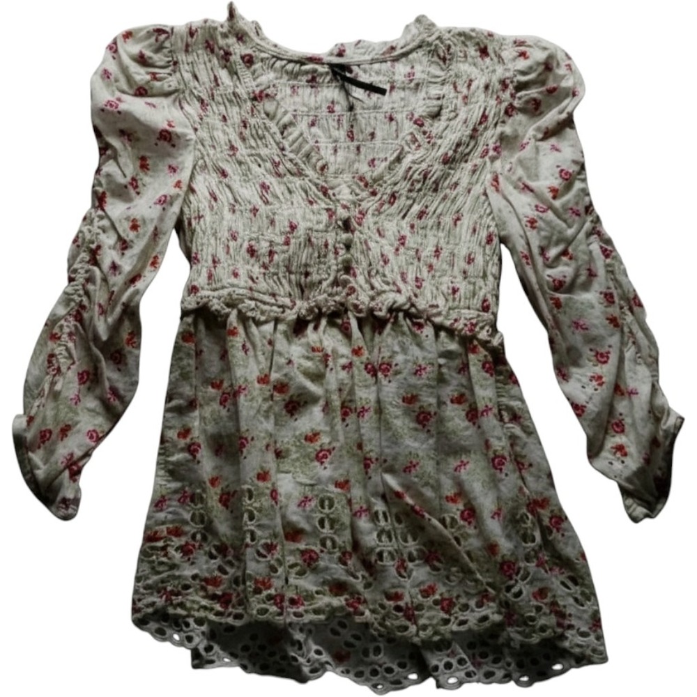 Anthropologie Blouse Womens XS White V Neck Long Sleeve Floral Eyelet Tunic Top